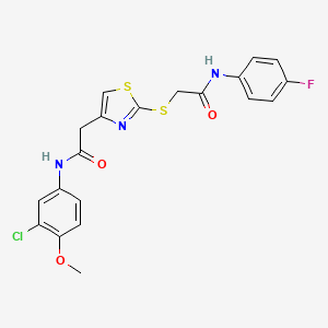 molecular formula C20H17ClFN3O3S2 B2355830 N-(3-氯-4-甲氧基苯基)-2-(2-((2-((4-氟苯基)氨基)-2-氧代乙基)硫代)噻唑-4-基)乙酰胺 CAS No. 942001-37-8