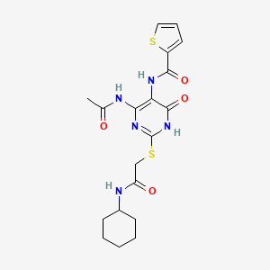 molecular formula C19H23N5O4S2 B2355900 N-(4-acetamido-2-((2-(cyclohexylamino)-2-oxoethyl)thio)-6-oxo-1,6-dihydropyrimidin-5-yl)thiophene-2-carboxamide CAS No. 872608-91-8