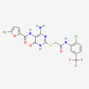 molecular formula C18H12BrClF3N5O4S B2355999 N-(4-amino-2-((2-((2-chloro-5-(trifluoromethyl)phenyl)amino)-2-oxoethyl)thio)-6-oxo-1,6-dihydropyrimidin-5-yl)-5-bromofuran-2-carboxamide CAS No. 888434-58-0
