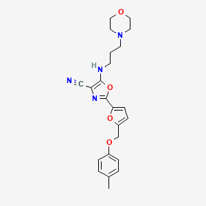 molecular formula C23H26N4O4 B2356008 2-{5-[(4-Methylphenoxy)methyl]furan-2-yl}-5-{[3-(morpholin-4-yl)propyl]amino}-1,3-oxazole-4-carbonitrile CAS No. 941881-91-0