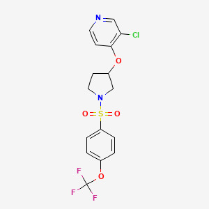 molecular formula C16H14ClF3N2O4S B2356026 3-Chloro-4-((1-((4-(trifluoromethoxy)phenyl)sulfonyl)pyrrolidin-3-yl)oxy)pyridine CAS No. 2034432-84-1