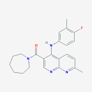 molecular formula C23H25FN4O B2356087 氮杂环-1-基(4-((4-氟-3-甲基苯基)氨基)-7-甲基-1,8-萘啶-3-基)甲酮 CAS No. 1251633-12-1