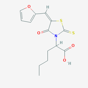 molecular formula C14H15NO4S2 B2356124 (E)-2-(5-(furan-2-ylmethylene)-4-oxo-2-thioxothiazolidin-3-yl)hexanoic acid CAS No. 853903-50-1