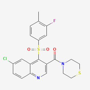 molecular formula C21H18ClFN2O3S2 B2356183 (6-Chloro-4-((3-fluoro-4-methylphenyl)sulfonyl)quinolin-3-yl)(thiomorpholino)methanone CAS No. 1111014-24-4