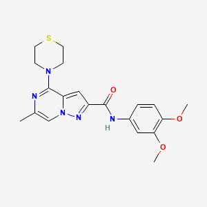 molecular formula C20H23N5O3S B2356243 N-(3,4-dimethoxyphenyl)-6-methyl-4-(1,4-thiazinan-4-yl)pyrazolo[1,5-a]pyrazine-2-carboxamide CAS No. 1775385-60-8