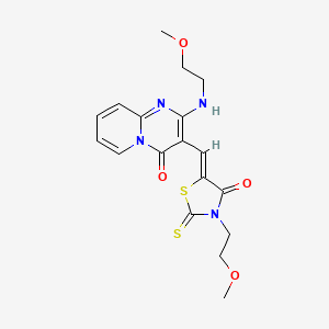 molecular formula C18H20N4O4S2 B2356253 (Z)-3-(2-methoxyethyl)-5-((2-((2-methoxyethyl)amino)-4-oxo-4H-pyrido[1,2-a]pyrimidin-3-yl)methylene)-2-thioxothiazolidin-4-one CAS No. 381187-17-3