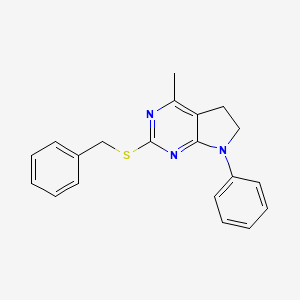 molecular formula C20H19N3S B2356277 2-(benzylsulfanyl)-4-methyl-7-phenyl-6,7-dihydro-5H-pyrrolo[2,3-d]pyrimidine CAS No. 338415-97-7