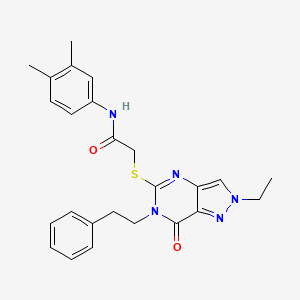 molecular formula C25H27N5O2S B2356290 N-(3,4-dimethylphenyl)-2-((2-ethyl-7-oxo-6-phenethyl-6,7-dihydro-2H-pyrazolo[4,3-d]pyrimidin-5-yl)thio)acetamide CAS No. 932548-05-5