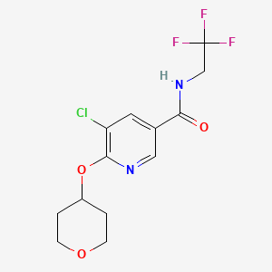 molecular formula C13H14ClF3N2O3 B2356303 5-chloro-6-((tetrahydro-2H-pyran-4-yl)oxy)-N-(2,2,2-trifluoroethyl)nicotinamide CAS No. 1903556-83-1