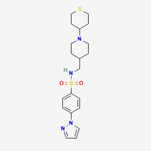 molecular formula C20H28N4O2S2 B2356341 4-(1H-pyrazol-1-yl)-N-((1-(tetrahydro-2H-thiopyran-4-yl)piperidin-4-yl)methyl)benzenesulfonamide CAS No. 2034383-42-9