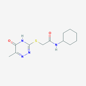 molecular formula C12H18N4O2S B2356362 N-Cyclohexyl-2-(5-hydroxy-6-methyl-[1,2,4]triazin-3-ylsulfanyl)-acetamide CAS No. 570361-88-5
