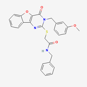 molecular formula C27H23N3O4S B2356395 N-benzyl-2-{[3-(3-methoxybenzyl)-4-oxo-3,4-dihydro[1]benzofuro[3,2-d]pyrimidin-2-yl]sulfanyl}acetamide CAS No. 900002-19-9