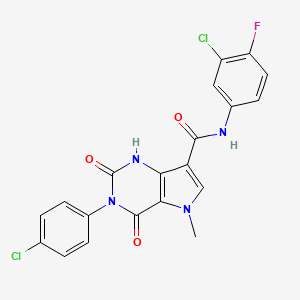 molecular formula C20H13Cl2FN4O3 B2356531 N-(3-chloro-4-fluorophenyl)-3-(4-chlorophenyl)-5-methyl-2,4-dioxo-2,3,4,5-tetrahydro-1H-pyrrolo[3,2-d]pyrimidine-7-carboxamide CAS No. 921851-88-9