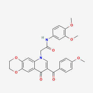 molecular formula C29H26N2O8 B2356560 N-(3,4-dimethoxyphenyl)-2-[8-(4-methoxybenzoyl)-9-oxo-2,3-dihydro-[1,4]dioxino[2,3-g]quinolin-6-yl]acetamide CAS No. 866864-99-5