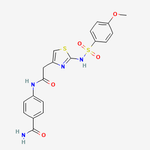 molecular formula C19H18N4O5S2 B2356563 4-(2-(2-(4-Methoxyphenylsulfonamido)thiazol-4-yl)acetamido)benzamide CAS No. 922001-17-0