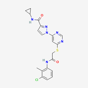 molecular formula C20H19ClN6O2S B2356567 1-[6-({2-[(3-chloro-2-methylphenyl)amino]-2-oxoethyl}sulfanyl)pyrimidin-4-yl]-N-cyclopropyl-1H-pyrazole-3-carboxamide CAS No. 1251621-40-5