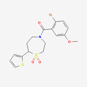 molecular formula C17H18BrNO4S2 B2356622 (2-Bromo-5-methoxyphenyl)(1,1-dioxido-7-(thiophen-2-yl)-1,4-thiazepan-4-yl)methanone CAS No. 2034420-96-5