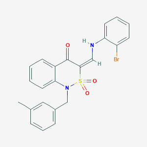 molecular formula C23H19BrN2O3S B2356650 (3E)-3-{[(2-bromophenyl)amino]methylene}-1-(3-methylbenzyl)-1H-2,1-benzothiazin-4(3H)-one 2,2-dioxide CAS No. 892305-92-9