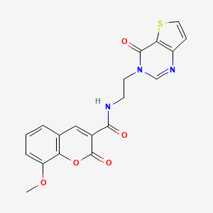 molecular formula C19H15N3O5S B2356708 8-methoxy-2-oxo-N-(2-(4-oxothieno[3,2-d]pyrimidin-3(4H)-yl)ethyl)-2H-chromene-3-carboxamide CAS No. 1903517-64-5