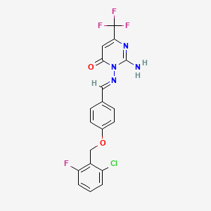 molecular formula C19H13ClF4N4O2 B2356787 2-amino-3-[((E)-{4-[(2-chloro-6-fluorobenzyl)oxy]phenyl}methylidene)amino]-6-(trifluoromethyl)-4(3H)-pyrimidinone CAS No. 866149-01-1