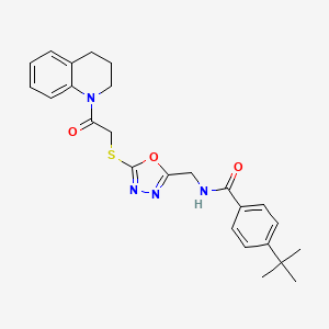 molecular formula C25H28N4O3S B2356866 4-(tert-butyl)-N-((5-((2-(3,4-dihydroquinolin-1(2H)-yl)-2-oxoethyl)thio)-1,3,4-oxadiazol-2-yl)methyl)benzamide CAS No. 921064-80-4