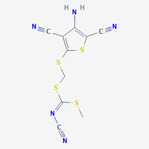 molecular formula C10H7N5S4 B2356871 [(4-アミノ-3,5-ジシアノチオフェン-2-イル)スルファニルメチルスルファニルメチルスルファニルメチリデン]シアナミド CAS No. 845879-06-3