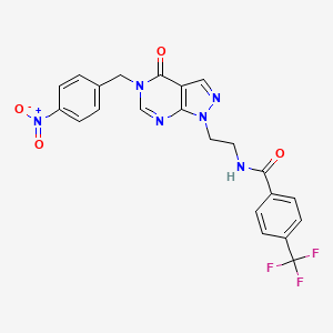 molecular formula C22H17F3N6O4 B2356878 N-(2-(5-(4-nitrobenzyl)-4-oxo-4,5-dihydro-1H-pyrazolo[3,4-d]pyrimidin-1-yl)ethyl)-4-(trifluoromethyl)benzamide CAS No. 922061-63-0