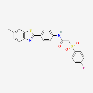 molecular formula C22H17FN2O3S2 B2356880 2-((4-fluorophenyl)sulfonyl)-N-(4-(6-methylbenzo[d]thiazol-2-yl)phenyl)acetamide CAS No. 895468-55-0