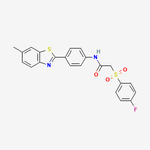 molecular formula C22H17FN2O3S2 B2356880 2-((4-フルオロフェニル)スルホニル)-N-(4-(6-メチルベンゾ[d]チアゾール-2-イル)フェニル)アセトアミド CAS No. 895468-55-0