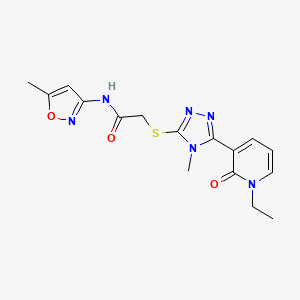 molecular formula C16H18N6O3S B2356912 2-((5-(1-ethyl-2-oxo-1,2-dihydropyridin-3-yl)-4-methyl-4H-1,2,4-triazol-3-yl)thio)-N-(5-methylisoxazol-3-yl)acetamide CAS No. 1105208-40-9