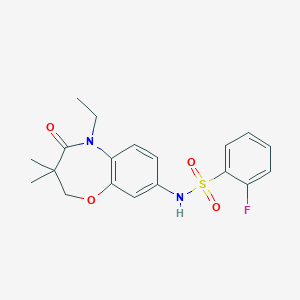 molecular formula C19H21FN2O4S B2356928 N-(5-ethyl-3,3-dimethyl-4-oxo-2,3,4,5-tetrahydrobenzo[b][1,4]oxazepin-8-yl)-2-fluorobenzenesulfonamide CAS No. 922097-52-7