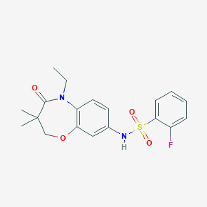 molecular formula C19H21FN2O4S B2356928 N-(5-乙基-3,3-二甲基-4-氧代-2,3,4,5-四氢苯并[b][1,4]噁杂环庚-8-基)-2-氟苯磺酰胺 CAS No. 922097-52-7