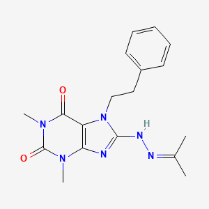 molecular formula C18H22N6O2 B2356997 1,3-dimethyl-7-phenethyl-8-(2-(propan-2-ylidene)hydrazinyl)-1H-purine-2,6(3H,7H)-dione CAS No. 476668-45-8
