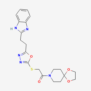 molecular formula C20H23N5O4S B2357108 2-((5-(2-(1H-benzo[d]imidazol-2-yl)ethyl)-1,3,4-oxadiazol-2-yl)thio)-1-(1,4-dioxa-8-azaspiro[4.5]decan-8-yl)ethanone CAS No. 1251686-30-2