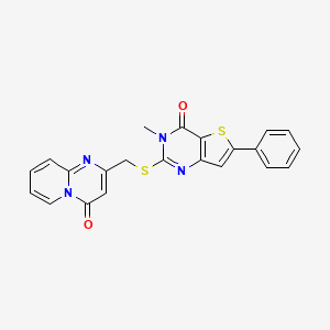 molecular formula C22H16N4O2S2 B2357257 3-methyl-2-(((4-oxo-4H-pyrido[1,2-a]pyrimidin-2-yl)methyl)thio)-6-phenylthieno[3,2-d]pyrimidin-4(3H)-one CAS No. 1105214-70-7