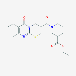 molecular formula C19H27N3O4S B2357268 Ethyl 1-(7-ethyl-8-methyl-6-oxo-2,3,4,6-tetrahydropyrimido[2,1-b][1,3]thiazine-3-carbonyl)piperidine-3-carboxylate CAS No. 1421524-92-6