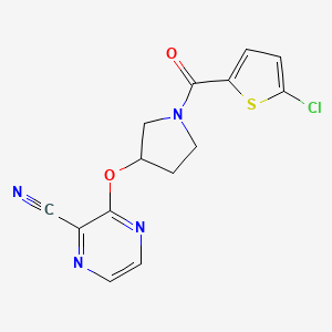 molecular formula C14H11ClN4O2S B2357406 3-((1-(5-Chlorothiophene-2-carbonyl)pyrrolidin-3-yl)oxy)pyrazine-2-carbonitrile CAS No. 2034281-81-5