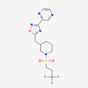 molecular formula C15H18F3N5O3S B2357470 3-(吡嗪-2-基)-5-((1-((3,3,3-三氟丙基)磺酰基)哌啶-3-基)甲基)-1,2,4-恶二唑 CAS No. 1706229-90-4