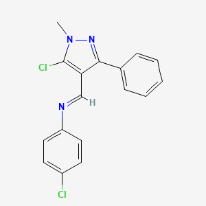 molecular formula C17H13Cl2N3 B2357486 4-chloro-N-[(5-chloro-1-methyl-3-phenyl-1H-pyrazol-4-yl)methylene]aniline CAS No. 320422-65-9