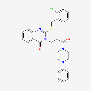 molecular formula C28H27ClN4O2S B2357487 2-[(2-Chlorophenyl)methylsulfanyl]-3-[3-oxo-3-(4-phenylpiperazin-1-yl)propyl]quinazolin-4-one CAS No. 451463-92-6