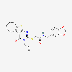 molecular formula C24H25N3O4S2 B2357489 N-[(2H-1,3-benzodioxol-5-yl)methyl]-2-{[3-oxo-4-(prop-2-en-1-yl)-8-thia-4,6-diazatricyclo[7.5.0.0^{2,7}]tetradeca-1(9),2(7),5-trien-5-yl]sulfanyl}acetamide CAS No. 561280-49-7