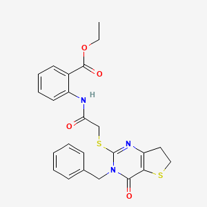 molecular formula C24H23N3O4S2 B2357506 Ethyl 2-({[(3-benzyl-4-oxo-3,4,6,7-tetrahydrothieno[3,2-d]pyrimidin-2-yl)thio]acetyl}amino)benzoate CAS No. 877618-61-6