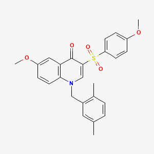 molecular formula C26H25NO5S B2357563 1-[(2,5-Dimethylphenyl)methyl]-6-methoxy-3-(4-methoxyphenyl)sulfonylquinolin-4-one CAS No. 872199-25-2