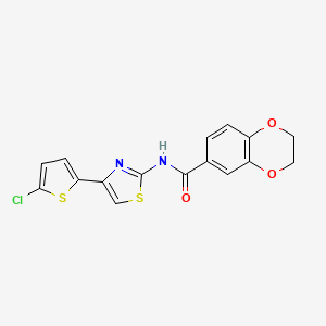molecular formula C16H11ClN2O3S2 B2357565 N-(4-(5-chlorothiophen-2-yl)thiazol-2-yl)-2,3-dihydrobenzo[b][1,4]dioxine-6-carboxamide CAS No. 477551-84-1