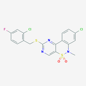 molecular formula C18H12Cl2FN3O2S2 B2357597 8-chloro-2-[(2-chloro-4-fluorobenzyl)sulfanyl]-6-methyl-6H-pyrimido[5,4-c][2,1]benzothiazine 5,5-dioxide CAS No. 1326908-37-5