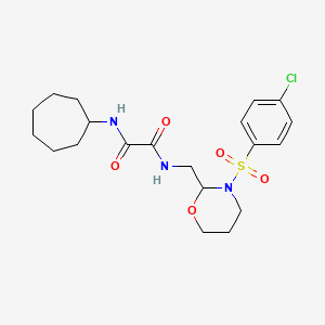 molecular formula C20H28ClN3O5S B2357600 N1-((3-((4-クロロフェニル)スルホニル)-1,3-オキサジナン-2-イル)メチル)-N2-シクロヘプチルオキサラミド CAS No. 872722-77-5