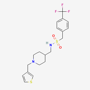 molecular formula C19H23F3N2O2S2 B2357746 N-((1-(thiophen-3-ylmethyl)piperidin-4-yl)methyl)-1-(4-(trifluoromethyl)phenyl)methanesulfonamide CAS No. 1396811-35-0