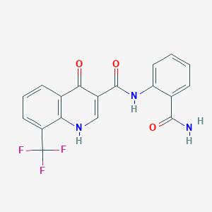 molecular formula C18H12F3N3O3 B2357820 2-{[4-Hydroxy-8-(trifluoromethyl)-3-quinolyl]carbonylamino}benzamide CAS No. 946340-10-9