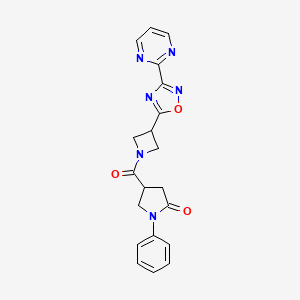 molecular formula C20H18N6O3 B2358013 1-Phenyl-4-(3-(3-(pyrimidin-2-yl)-1,2,4-oxadiazol-5-yl)azetidine-1-carbonyl)pyrrolidin-2-one CAS No. 1324661-66-6