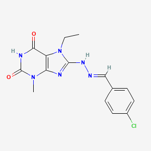 molecular formula C15H15ClN6O2 B2358047 (E)-8-(2-(4-chlorobenzylidene)hydrazinyl)-7-ethyl-3-methyl-1H-purine-2,6(3H,7H)-dione CAS No. 303970-58-3